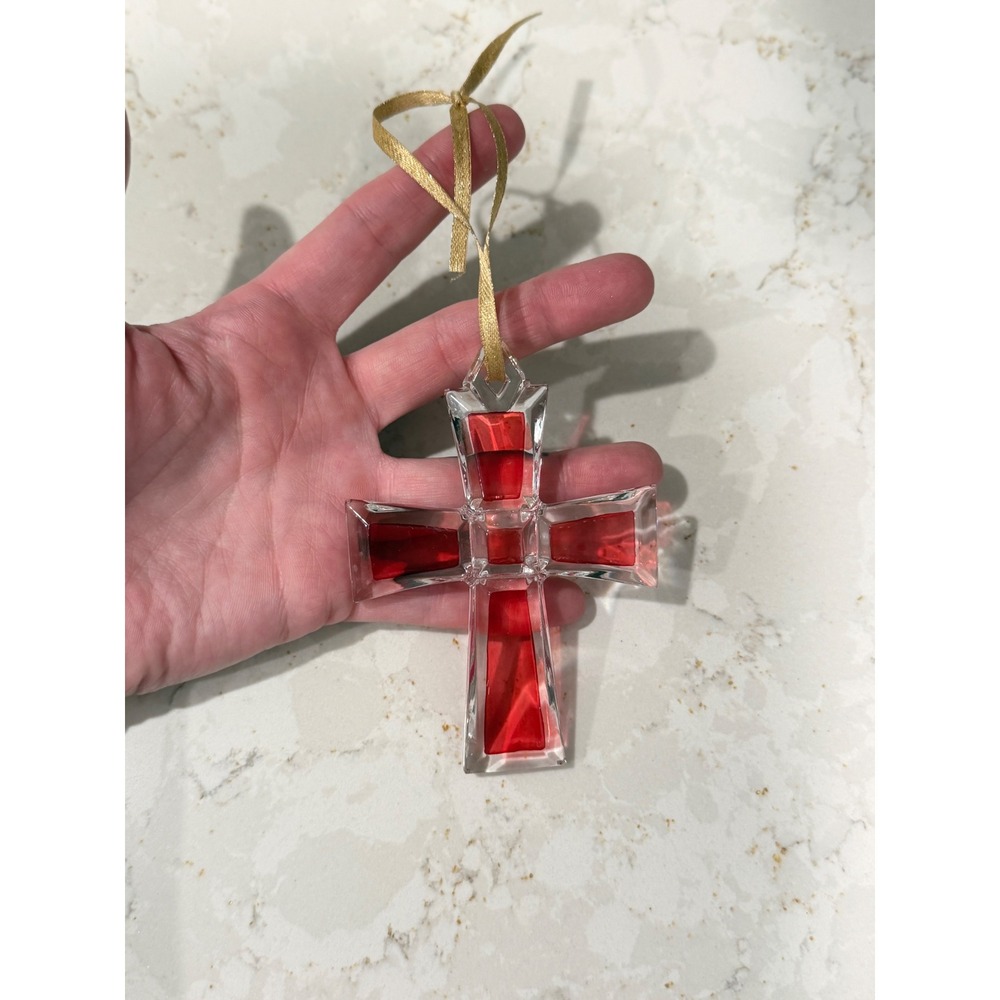 Mikasa Crystal Cross Christmas Ornament Red Clear Glass Germany Holiday Decor